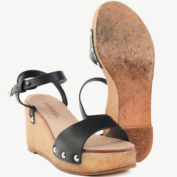 Chanel Black Leather Platform Wedge Sandals - Picture 4 of 9